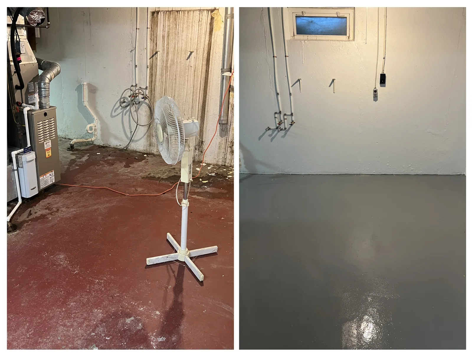 Basement concrete floor before and after an epoxy floor coating was applied