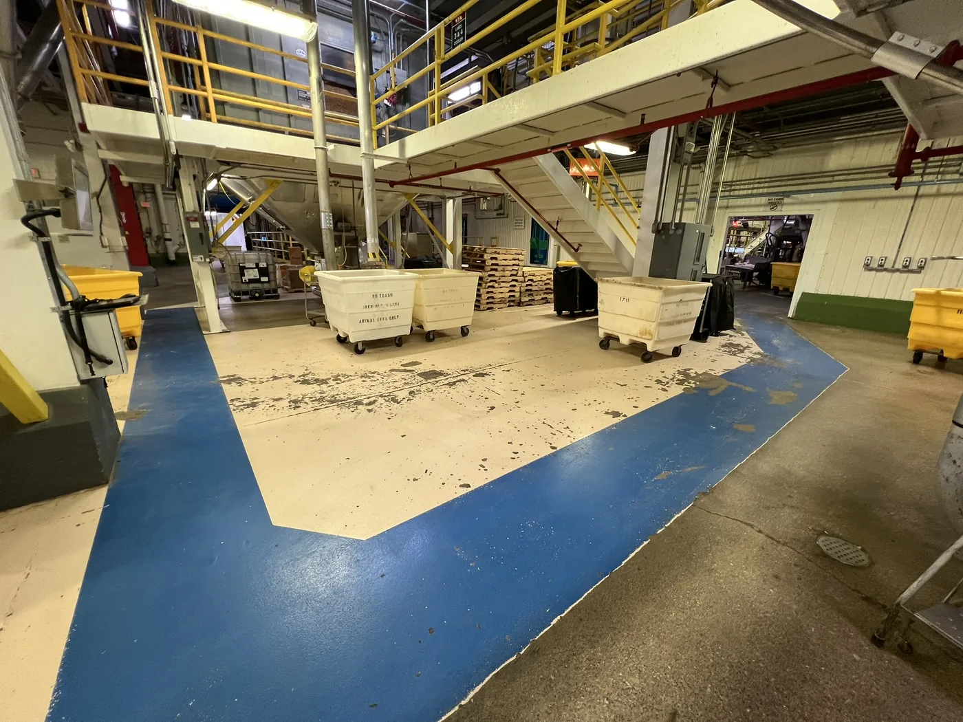 Industrial plant floor coated in tan epoxy with blue marked walkways running between equipment